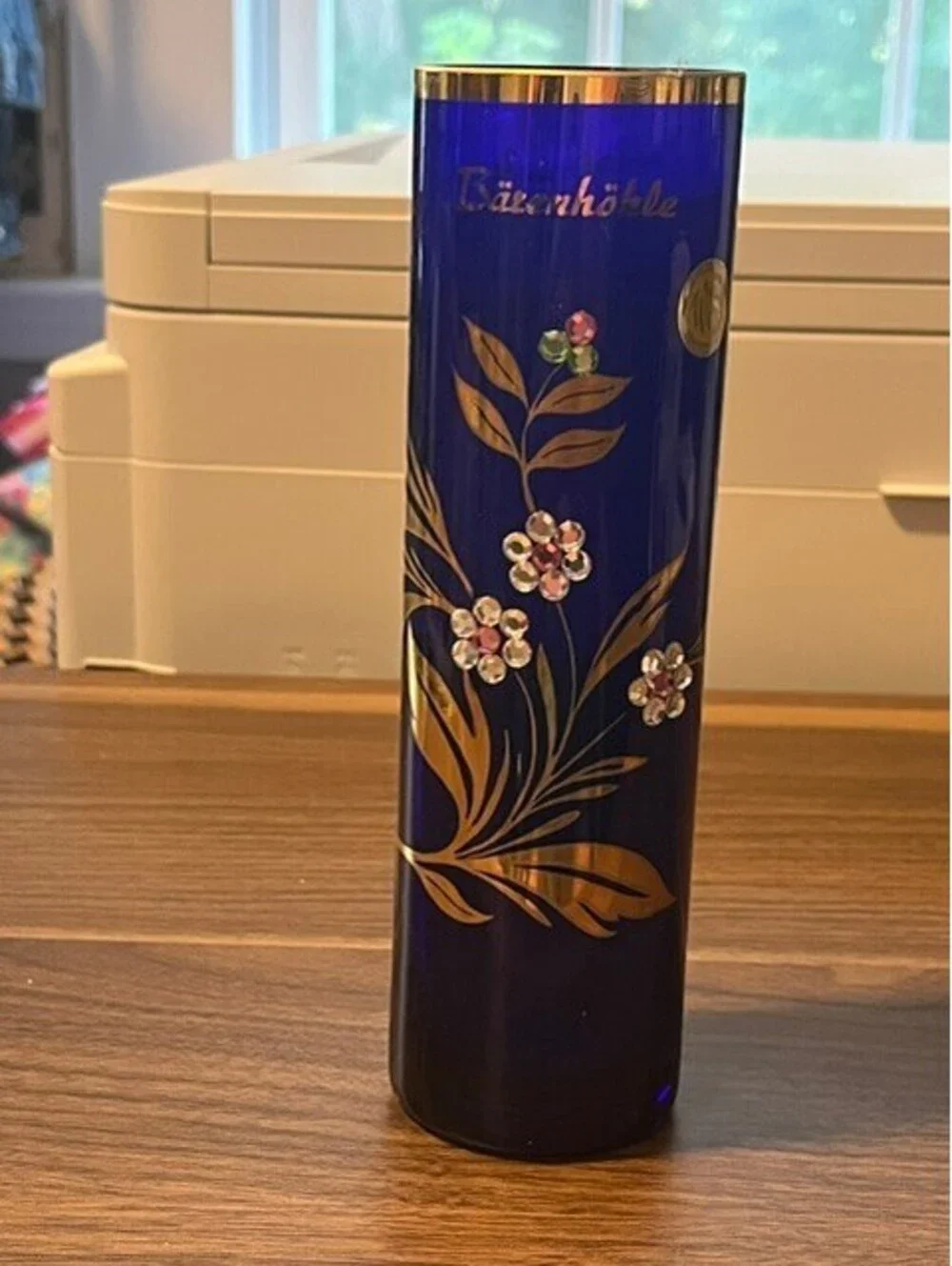 Vintage German Cobalt Blue Glass Bud Vase Gold Gilt Rhinestone Flower Bärenhöhle
